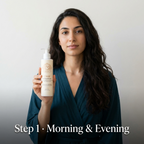 Foam Cleanser for Oily Skin in a cream pump bottle with a botanical label, held by a woman wearing a teal top