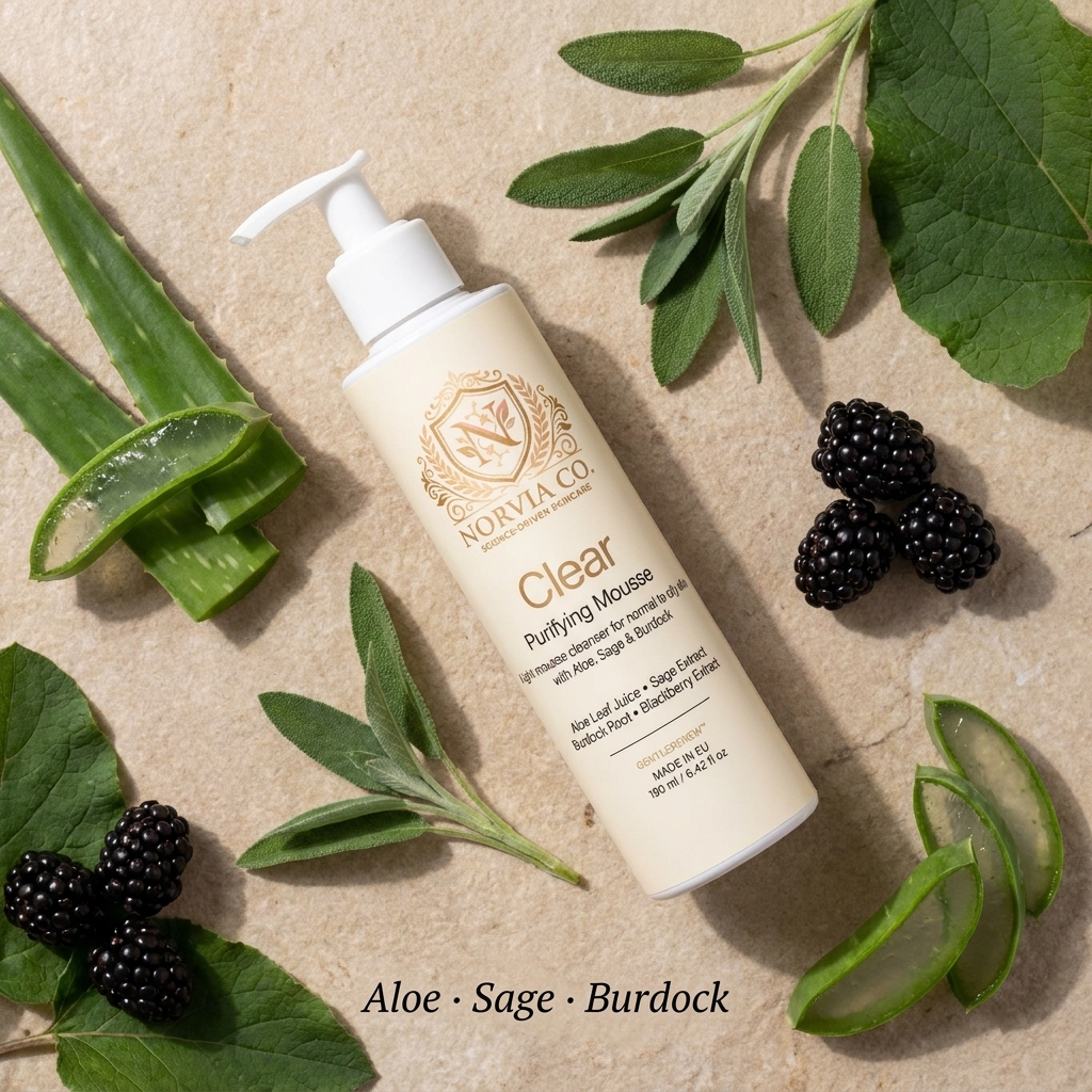 Foam Cleanser for Oily Skin in a cream pump bottle with gold botanical lettering, beside aloe, sage and blackberries