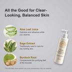 Foam Cleanser for Oily Skin in a cream pump bottle, shown with aloe leaf, sage and burdock root ingredient illustrations