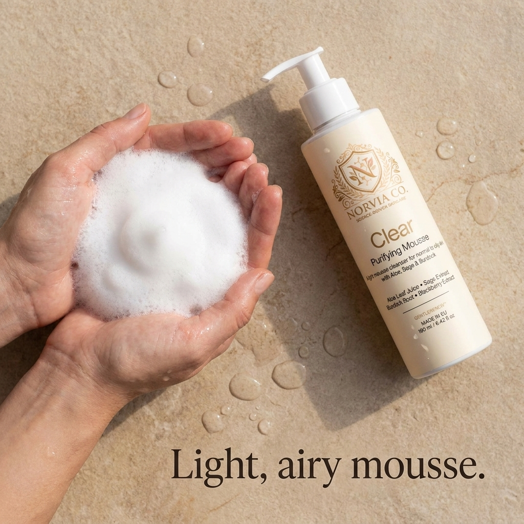 Foam Cleanser for Oily Skin in a cream pump bottle with a white dispenser, shown beside airy white mousse foam