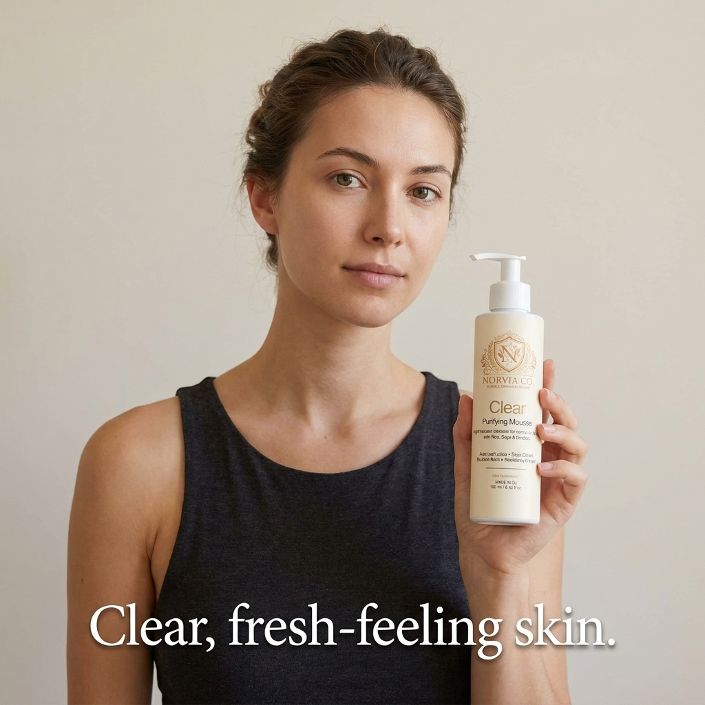 Foam Cleanser for Oily Skin in a white pump bottle held beside a woman, with a beige label and gold details