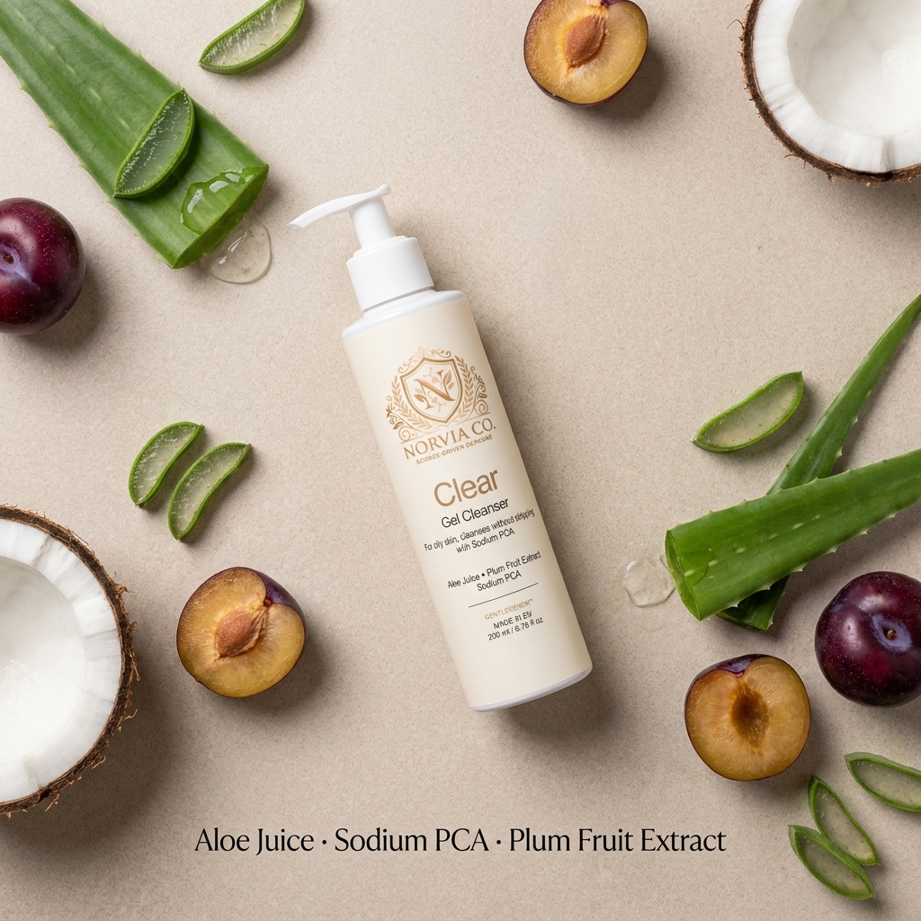 Norvia Co. Clear Gel Cleanser with aloe, plum and coconut ingredients