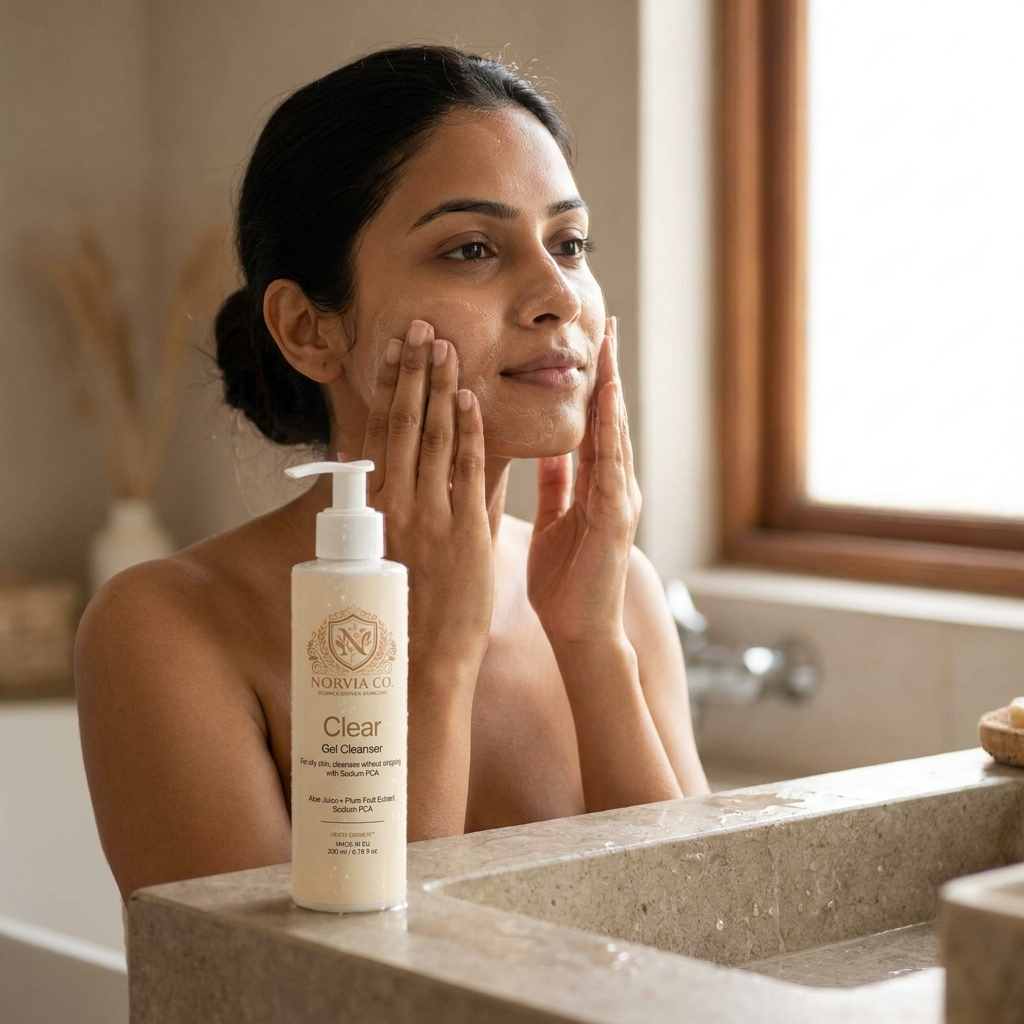 Woman cleansing her face with Norvia Co. Clear Gel Cleanser