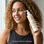 Norvia Co. Clear Gel Cleanser – model with cleanser, cleanses without stripping