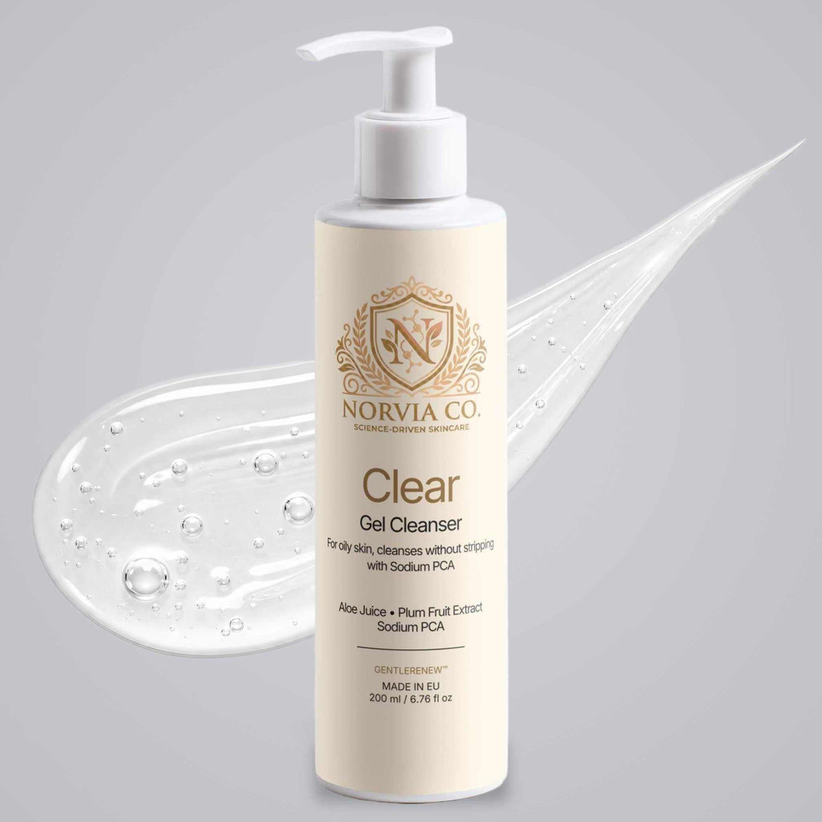 Gel cleanser for oily skin in a cream-colored pump bottle, with a clear gel texture and gold label details.