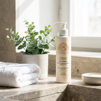 Gel cleanser for Oily Skin in a cream-colored pump bottle with a clear label and botanical branding