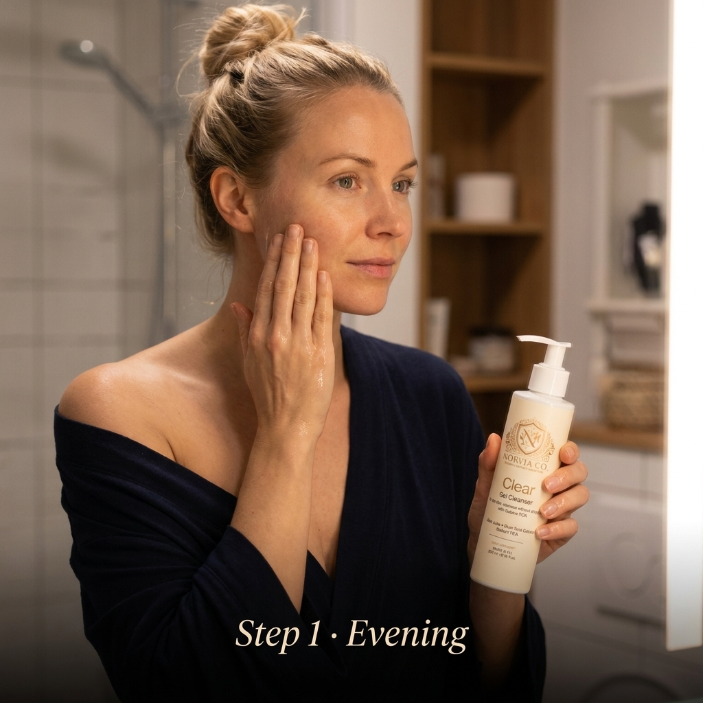Gel Cleanser for Oily Skin in a cream pump bottle with a clear gel formula, held beside a woman’s face