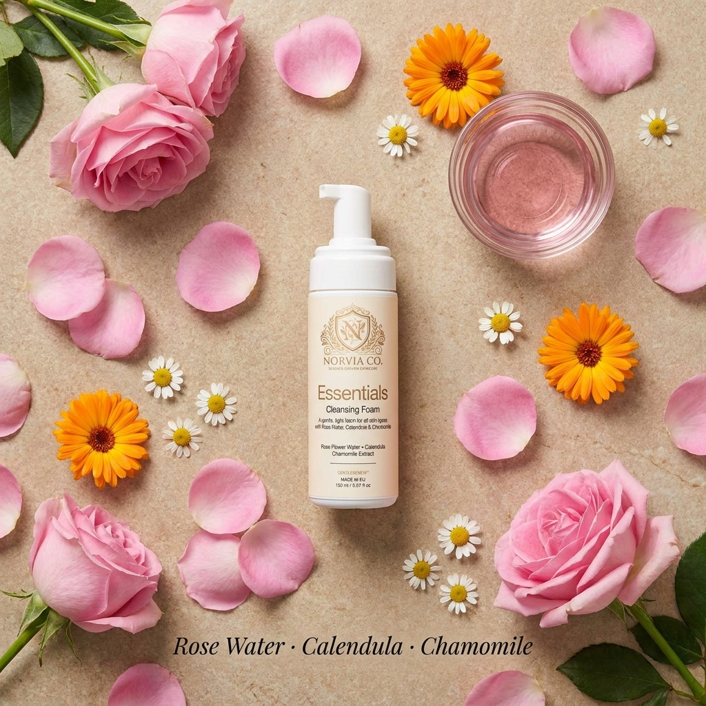 Gentle Foaming Cleanser in a cream pump bottle with a white dispenser and botanical label, shown with rose petals and flowers