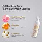 Gentle Foaming Cleanser in a white Essentials pump bottle with botanical label, beside rose, calendula and chamomile ingredients.
