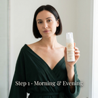 Gentle Foaming Cleanser in a white pump bottle, held by a model; cream label with gold accents and Essentials branding.
