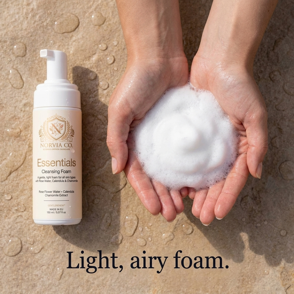 Gentle Foaming Cleanser in a white pump bottle beside a fluffy foam lather held in cupped hands