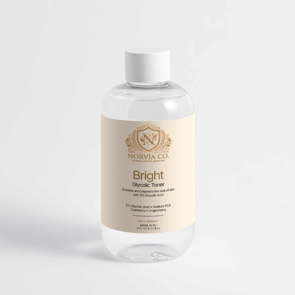Glycolic Acid Toner in a clear bottle with a white cap and cream label featuring gold Norvia branding