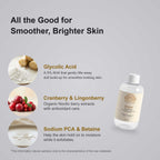 Glycolic Acid Toner in a clear bottle with a white cap and cream label, shown with ingredient callouts
