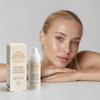 Hyaluronic Acid Serum in a cream-colored 30 ml bottle with gold lettering and matching box beside the product