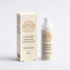 Hyaluronic Acid Serum in a cream-colored box and white pump bottle, with gold branding and a clean label