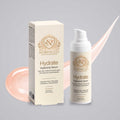 Hyaluronic Acid Serum in an ivory pump bottle with matching box, gold Norvia branding and Hydrate label