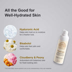 Hyaluronic Acid Serum in a white pump bottle, shown with hyaluronic acid, bisabolol, cloudberry and peony ingredient highlights.