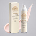 Norvia Co. Hydrate Plumping Day Cream, a moisturizer for dehydrated skin, bottle and box with a blush-pink cream swoosh