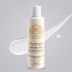 Norvia Co. Hydrate Rose Water Toner bottle in front of a clear toner liquid swoosh