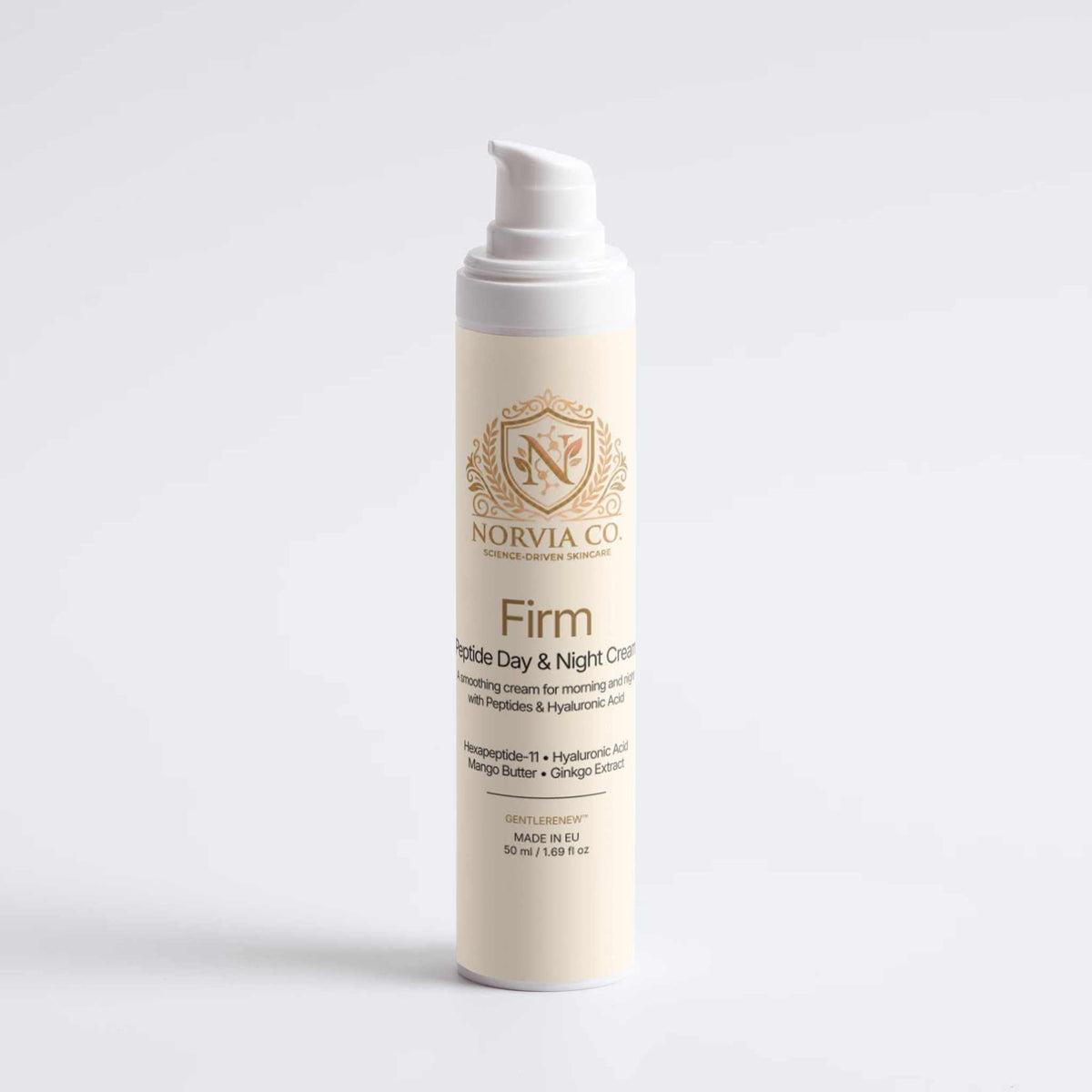 A tall, cylindrical pump bottle of Norvia Co Firm Inside Day & Night Cream, standing upright on a light gray background.