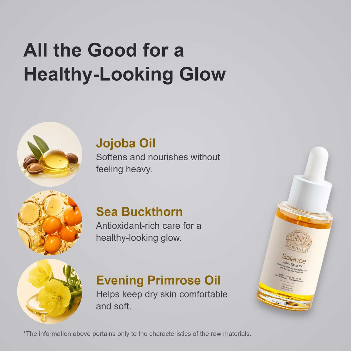 Balance Glow Facial Oil key ingredients: Jojoba Oil, Sea Buckthorn, Evening Primrose Oil