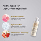 Hydrate Rose Water Toner key ingredients: Rose Flower Water, Hyaluronic Acid, Chamomile & Strawberry