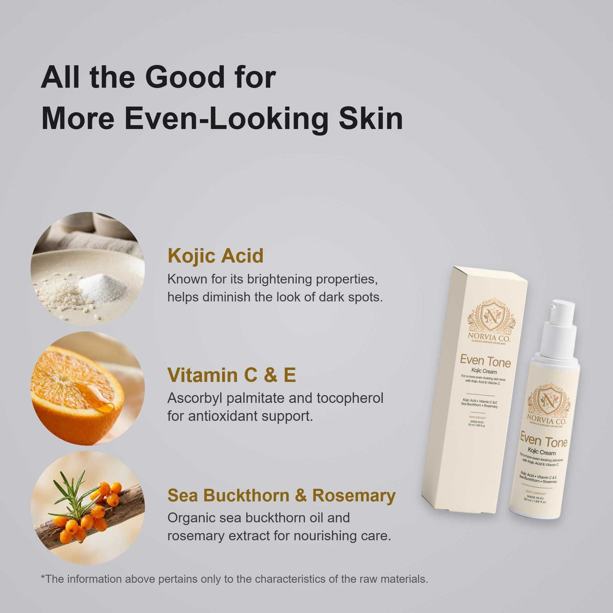 Kojic Acid Cream in ivory Norvia packaging, shown with a matching box and labeled ingredient benefits