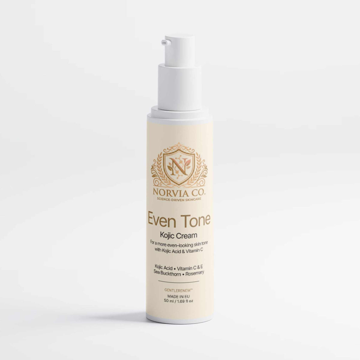 Kojic Acid Cream in a slim ivory pump bottle with gold Norvia branding and Even Tone labeling