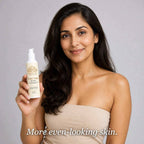 Kojic Acid Cream in a white pump bottle with a cream label, held by a woman with long dark hair