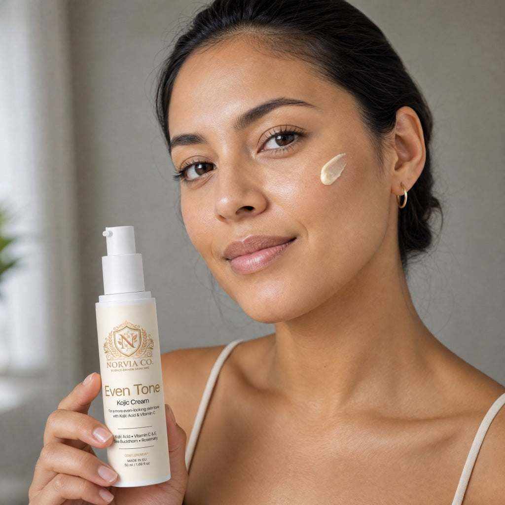 Kojic Acid Cream in a white pump bottle with a gold label, held beside a woman's face with cream dabbed on her cheek