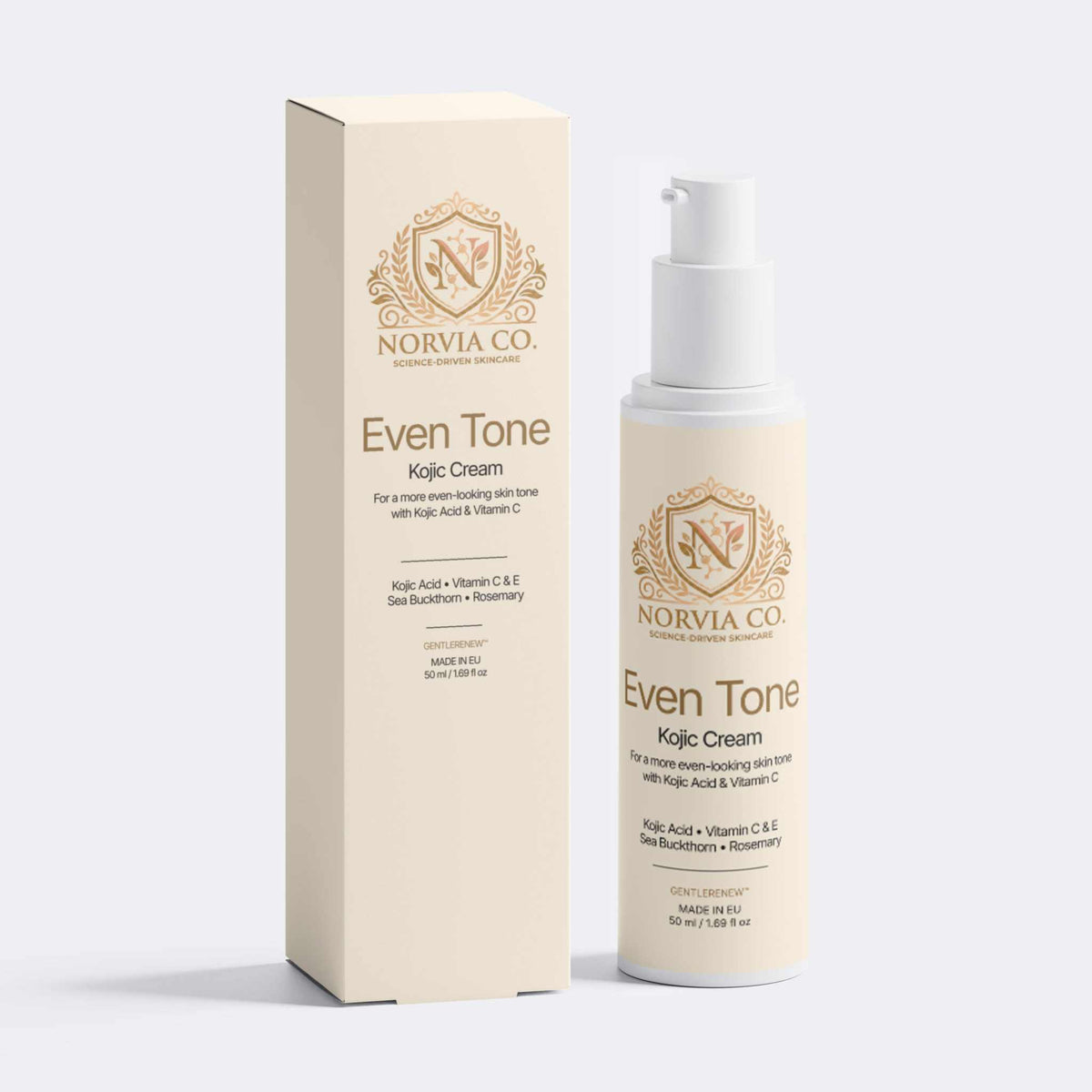 Kojic Acid Cream in a white pump bottle with a cream-and-gold label, shown beside matching Even Tone carton