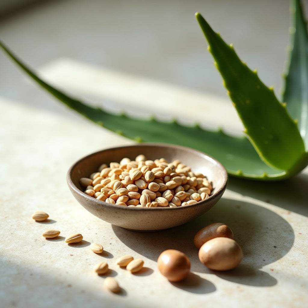 Men's Skincare Set featuring a shallow brown ceramic bowl of pale seeds beside scattered seeds and smooth brown nuts