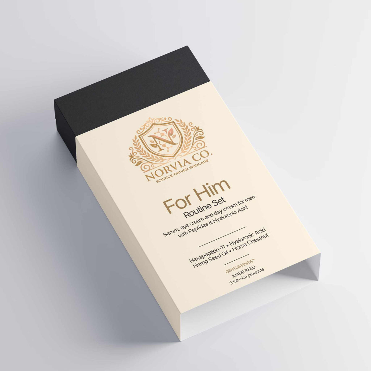 Men's Skincare Set in a cream-colored box with black lid, gold Norvia branding and For Him Routine Set text