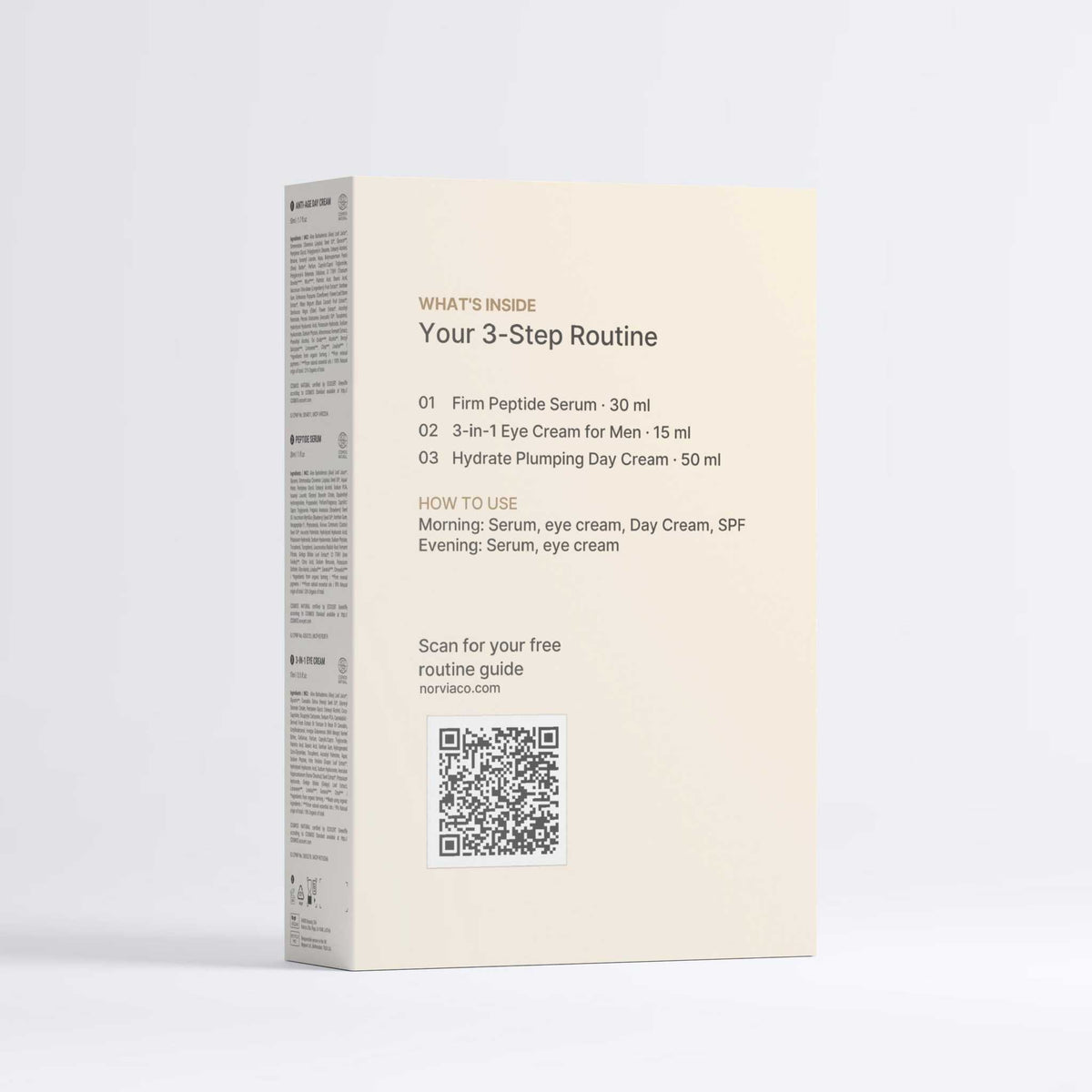 Men's Skincare Set in a cream-colored rectangular box listing a three-step routine, product sizes and a QR code