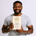 Men's Skincare Set in a cream-colored gift box with gold lettering, held by a smiling man wearing a white shirt.