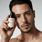 Men's Skincare Set featuring a man holding a beige Rested Eyes eye cream bottle with a black pump dispenser