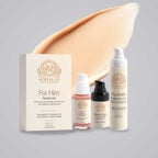 Men's Skincare Set with three skincare bottles and cream-colored gift box, featuring gold labels and a serum, eye cream and day cream