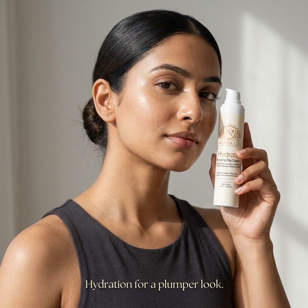 Day cream pump bottle held beside a woman’s face, with white packaging, a gold botanical label and a smooth finish; Moisturizer for Dehydrated Skin