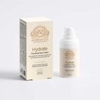 Moisturizer for Dehydrated Skin in a white pump bottle with a cream-and-gold box, labeled Hydrate Plumping Day Cream