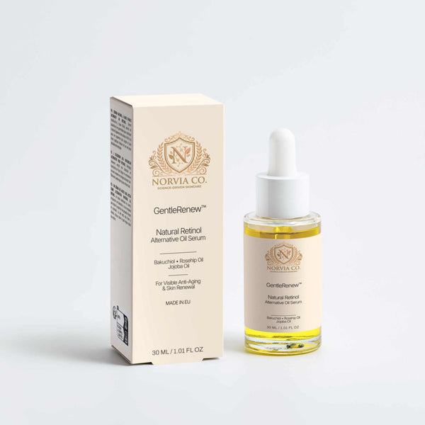 Bottle of GentleRenew™ Retinol Alternative Oil Serum for daily skincare with natural bakuchiol and nourishing oils