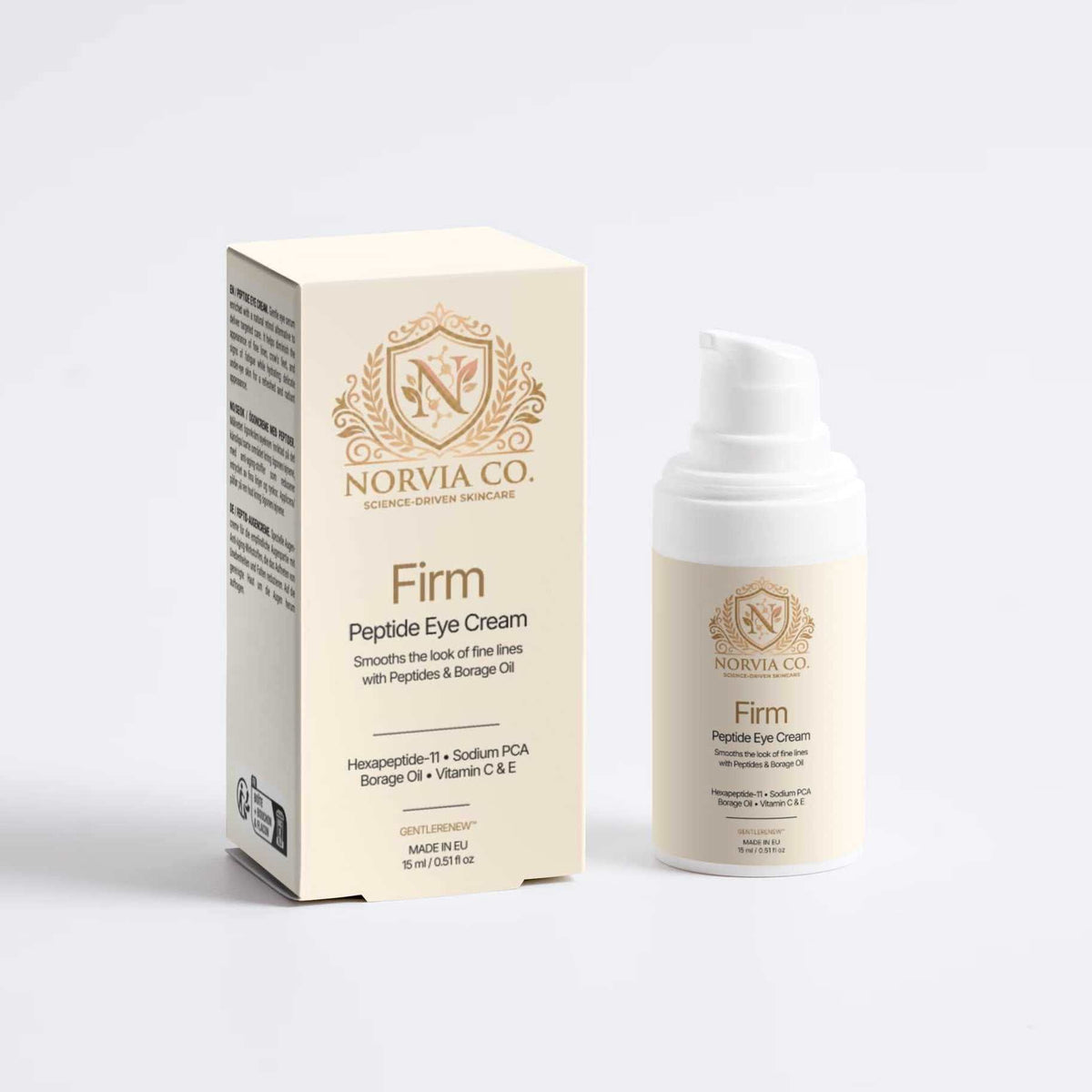 Peptide Eye Cream in a cream-colored bottle and matching box, with gold Norvia Co branding and firming formula label