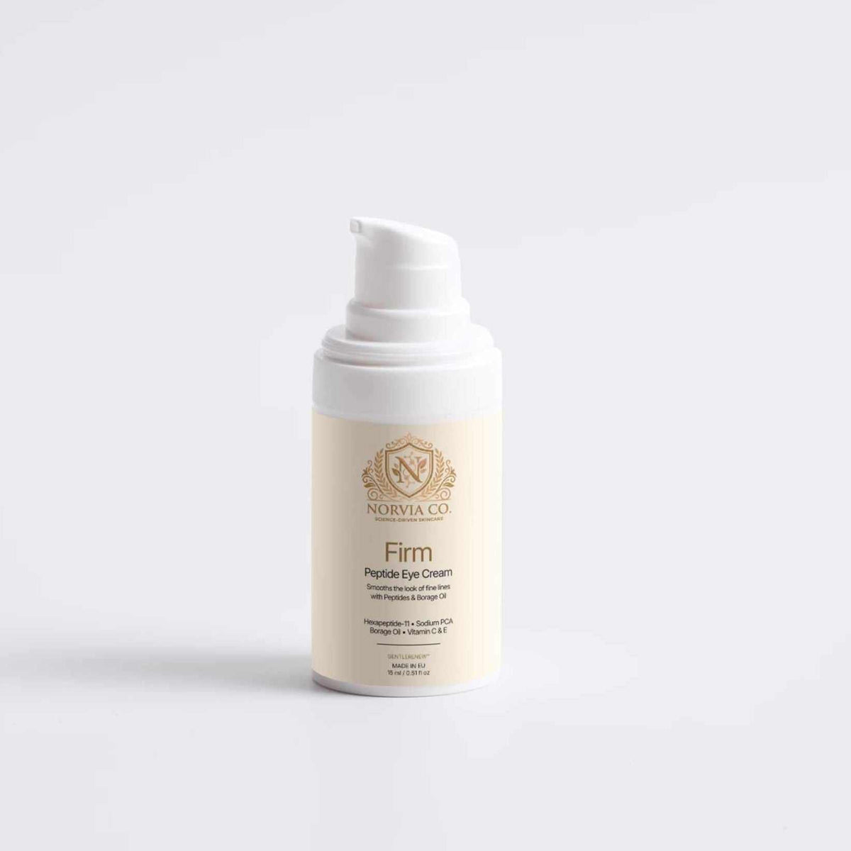 Peptide Eye Cream in a white airless pump bottle with a cream label, gold Norvia emblem and Firm branding
