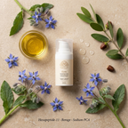 Peptide Eye Cream in a white pump bottle with a clear cap, shown with golden oil, borage flowers and leaves