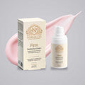 Peptide Eye Cream in a white pump bottle and cream-colored box, with gold branding and a pink cream swatch
