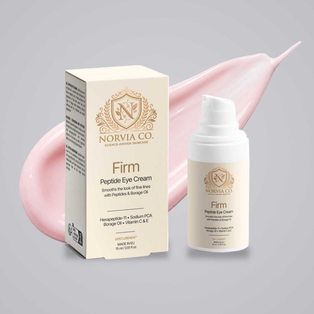 Peptide Eye Cream in a white pump bottle and cream-colored box, with gold branding and a pink cream swatch