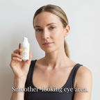 Peptide Eye Cream in a white pump bottle with a pale gold label, held beside a woman's face