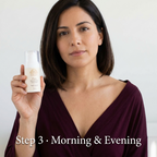 Peptide Eye Cream in a small white pump bottle held by a woman wearing a burgundy top