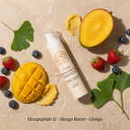 Peptide Face Cream in a beige pump bottle, shown with mango, blueberries, strawberries and green ginkgo leaves