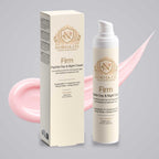 Peptide Face Cream in a white pump bottle with matching cream box, gold branding, and Firm Day & Night Cream label