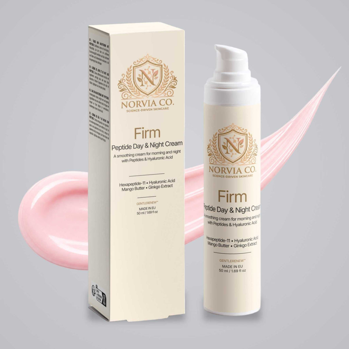 Peptide Face Cream in a white pump bottle with matching cream box, gold branding, and Firm Day & Night Cream label
